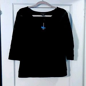INC Black Knit Top w/sheer Striped Sleeves Med